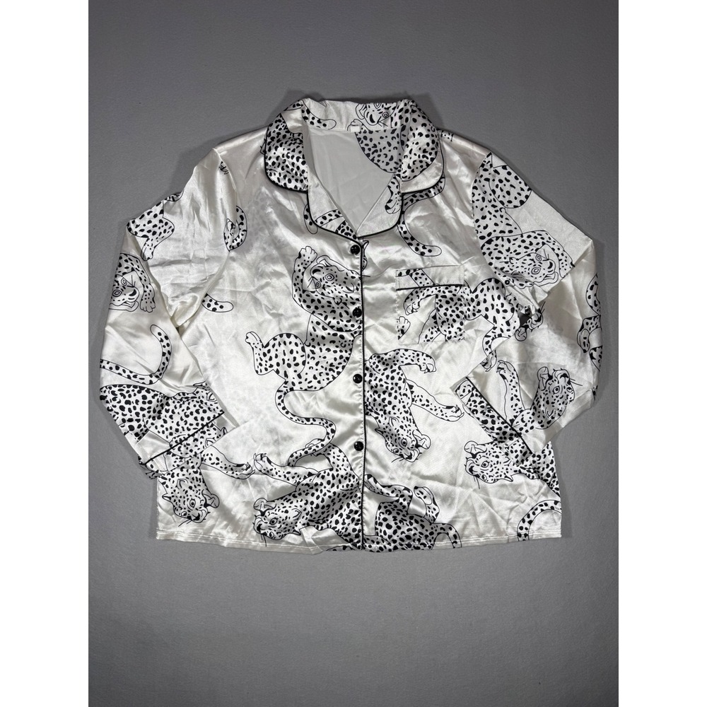Oversized Animal Leopard Print Satin Pajama Top Layer White Black Button Up 1XL